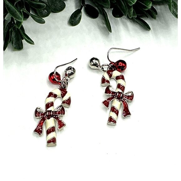 Christmas Candy Cane Dangle Earrings With Festive Red Bow and Bells - Picture 1 of 4